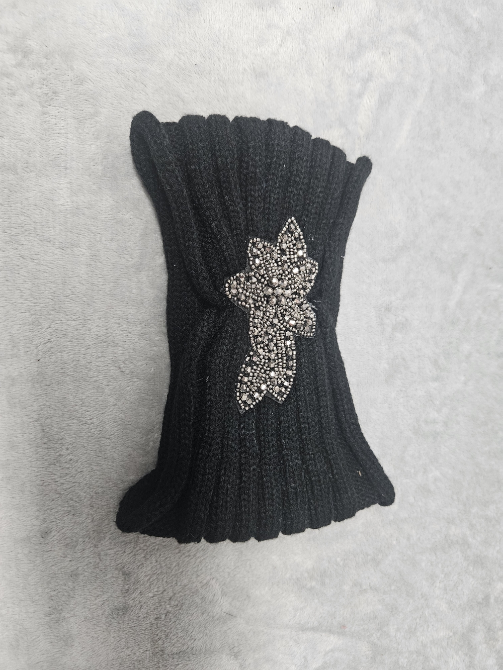 Ardene Black Ribbed Knit Head Warmer with Crystal Flower Accent